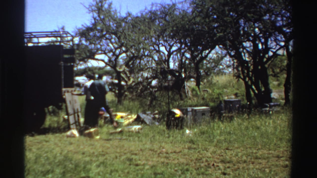 An adult appears to handle items near a truck in a grassy Nigerian field, seen in soft 1969 8mm footage.