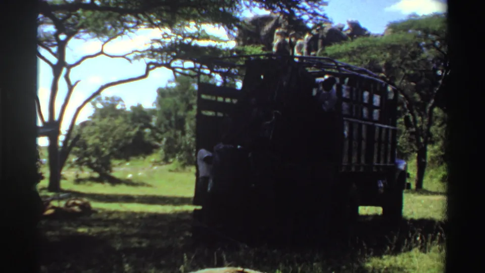 Nigeria 1969 8mm frame showing men beside and atop a dark cage-sided truck in a sunlit grassy field.