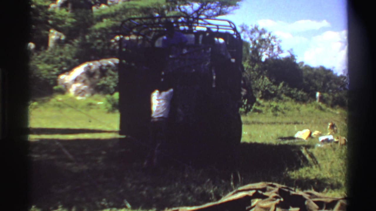 1969 Nigeria 8mm frame of a man at the rear side of a large parked truck, with trees, boulders, and grass beyond.
