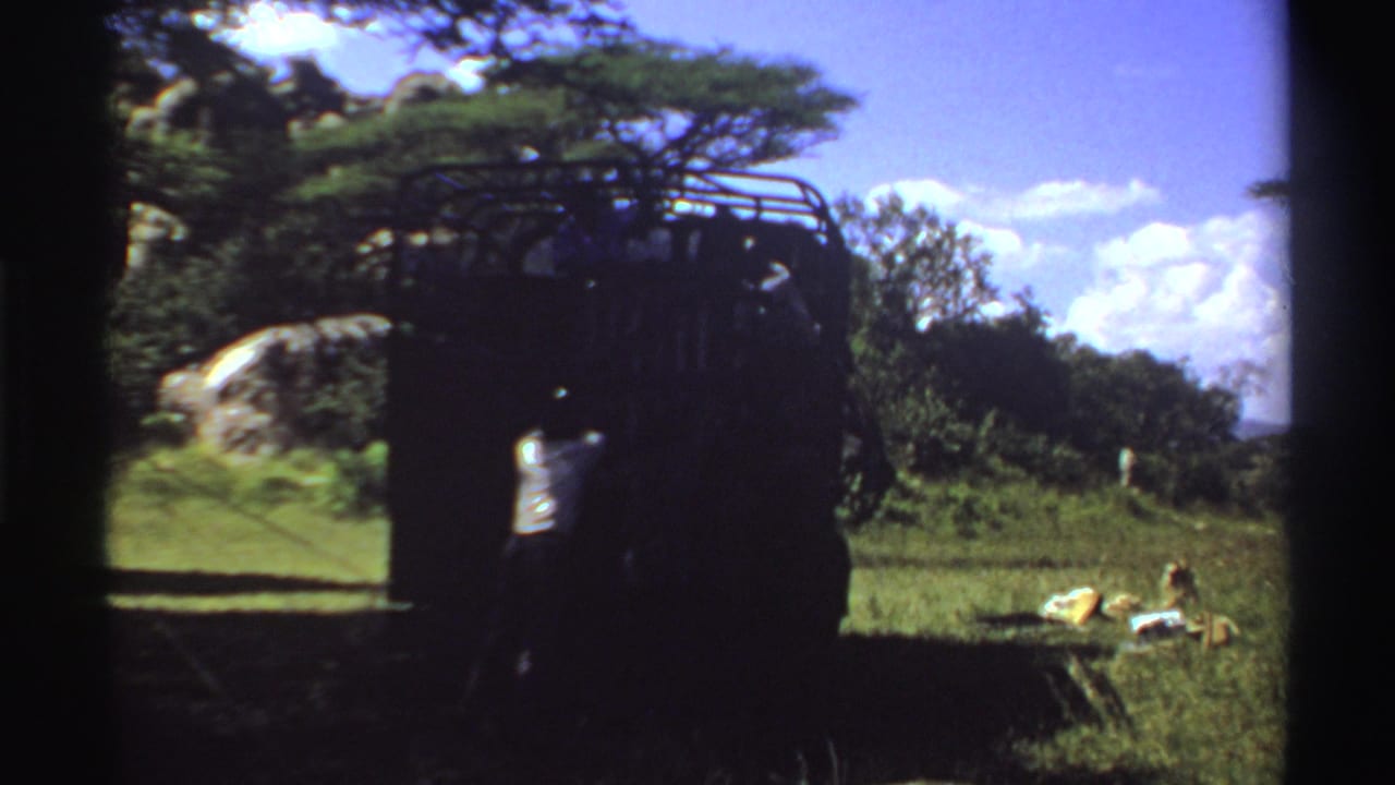 1969 Nigeria frame showing a person reaching toward the back of a parked truck under a tree while items lie nearby in grass.