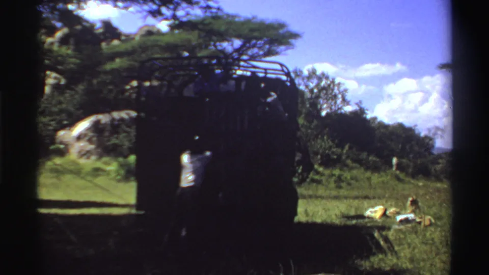 1969 Nigeria frame showing a person reaching toward the back of a parked truck under a tree while items lie nearby in grass.