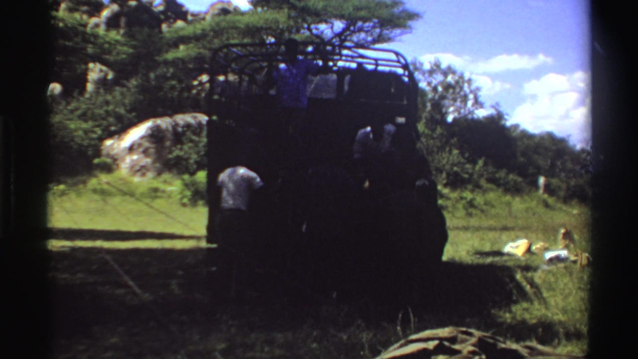 A home-movie frame shows people beside a dark truck, with bags or supplies on grass in a Nigerian outdoor setting.