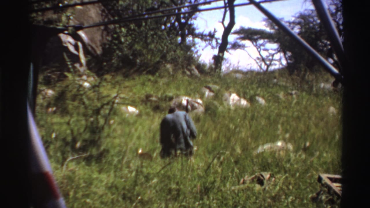 Man in dark clothing digging in a grassy field, seen from inside a vehicle.