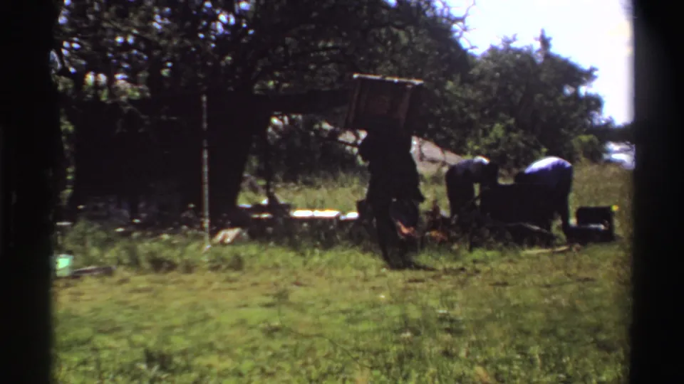 1969 Nigeria field scene with workers bending near trees and one person carrying a large basket on their shoulder.