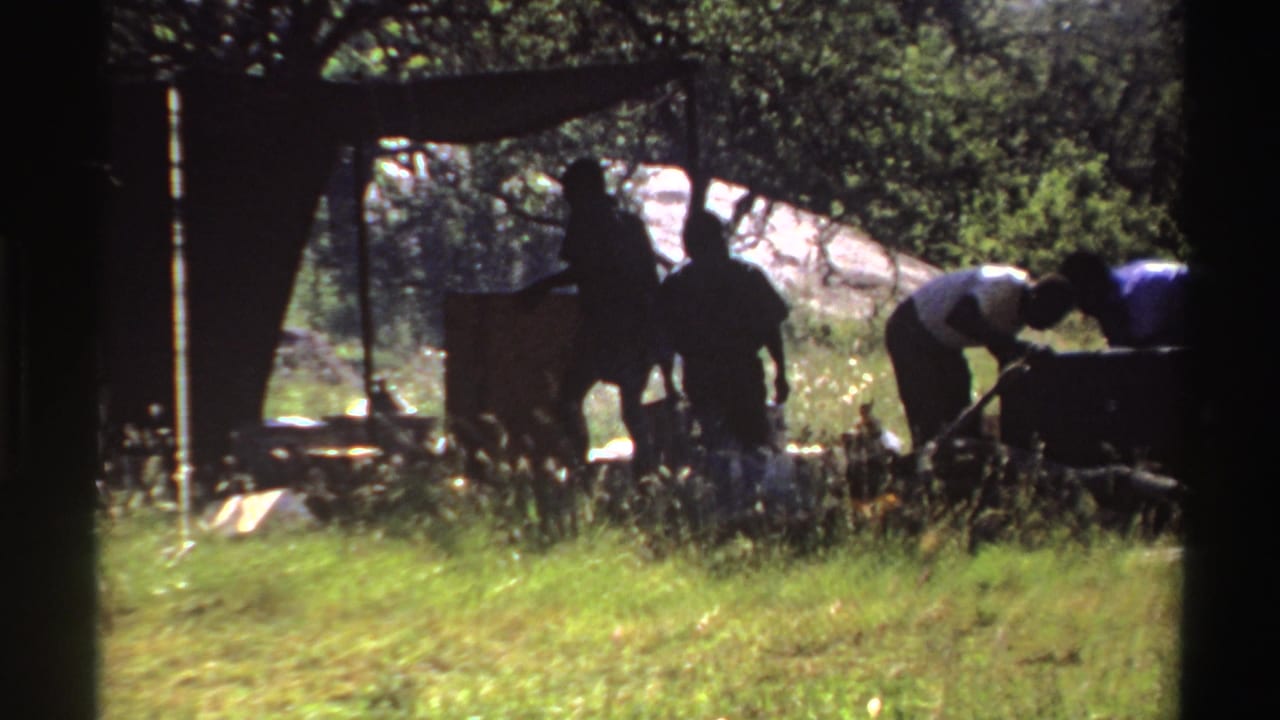 In Nigeria 1969 home-movie footage, people stand and bend over goods beneath a shaded tent in a bright forest clearing.