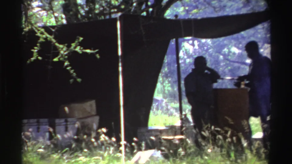 In 1969 Nigeria footage, two silhouetted men stand beneath a dark tarp shelter in a sunlit grassy outdoor area.