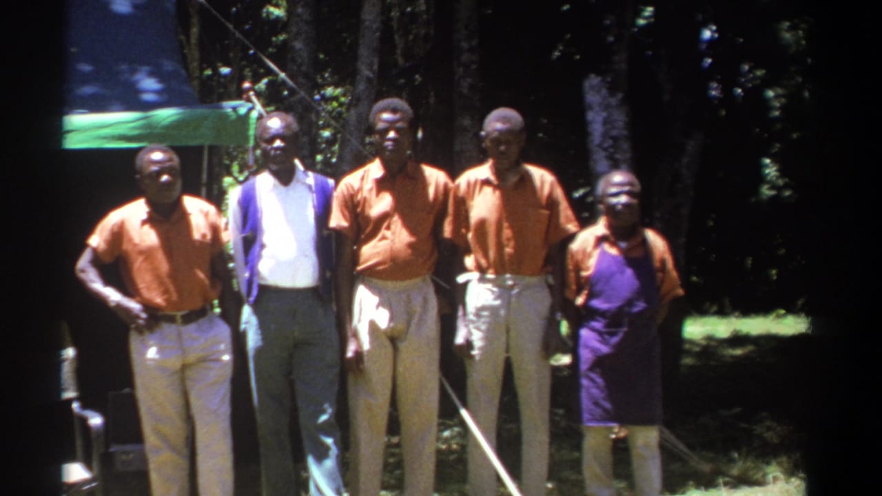 Five men and a woman stand outdoors beneath a green canopy in dappled sunlight.