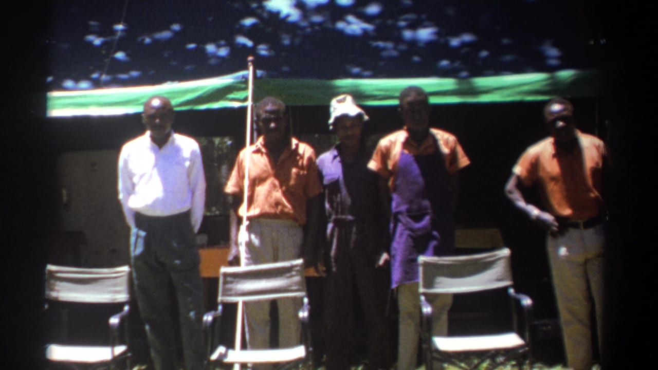 Men standing in a row under a green tarp with folding chairs in front.
