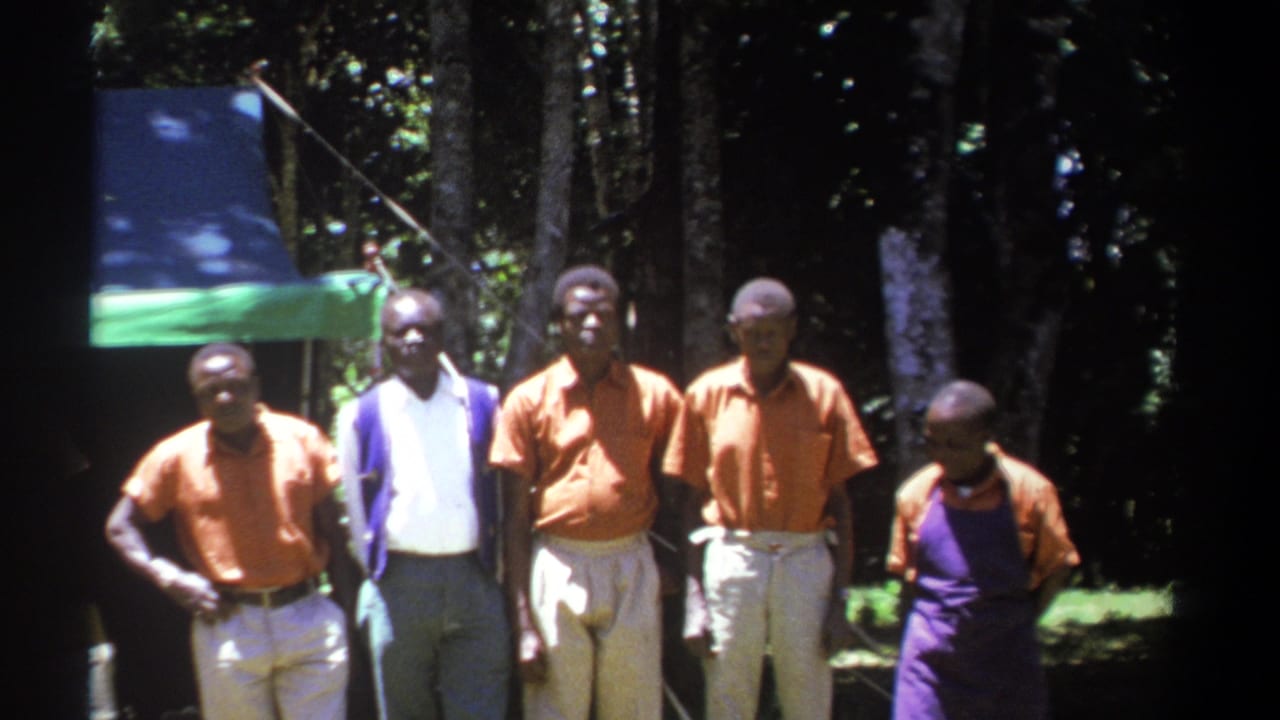 Men stand outdoors under a blue and green tarp in a wooded area.