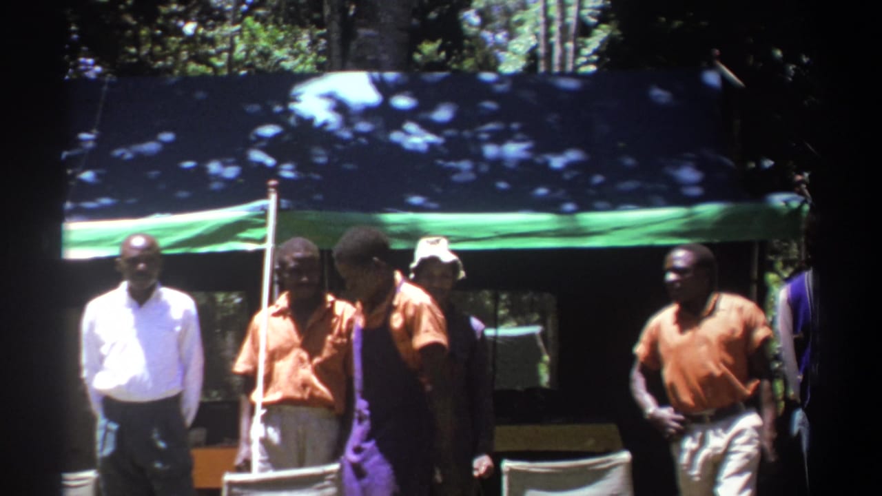 Men stand near a blue and green tarp shelter in a wooded campsite.