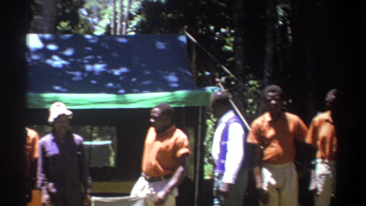 Several men stand and walk beside the tarp shelter in deep shade.