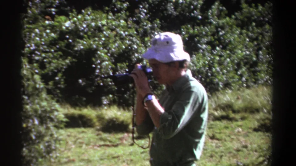 A 1969 Kenya travel-film frame shows the man still composing a photograph near shrubs and open grass.