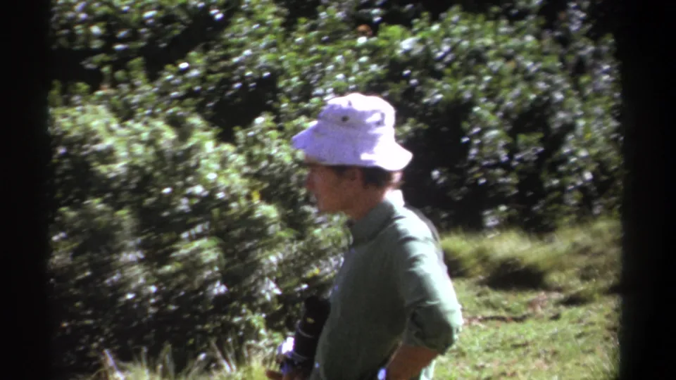 A side view shows the hatted man moving or turning through the bush with camera equipment in the 1969 Kenya 8mm footage.