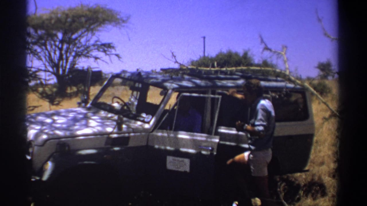 Man standing beside a dark safari vehicle with a roof rack in dry savanna.