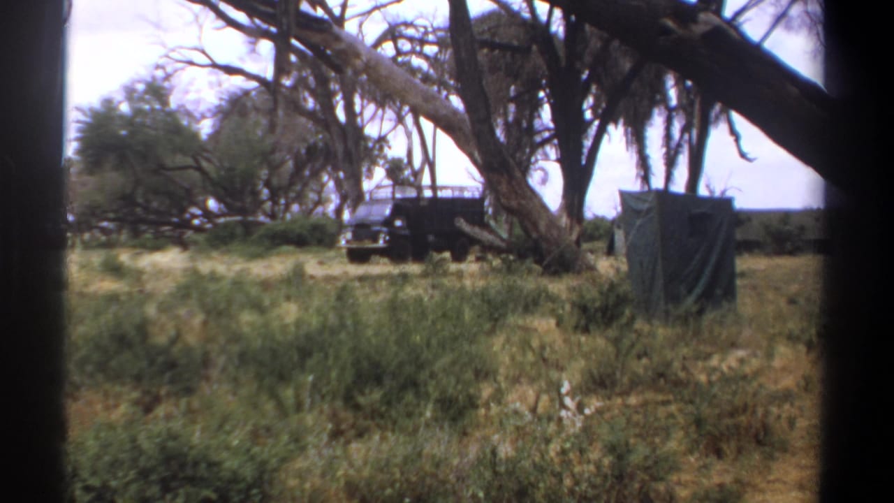 Safari camp view with a dark jeep, canvas tent, trees and dry grass.