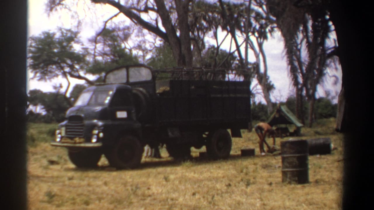 Parked black truck with canvas-style rear body near trees, tent, barrel, and a person working at ground level.