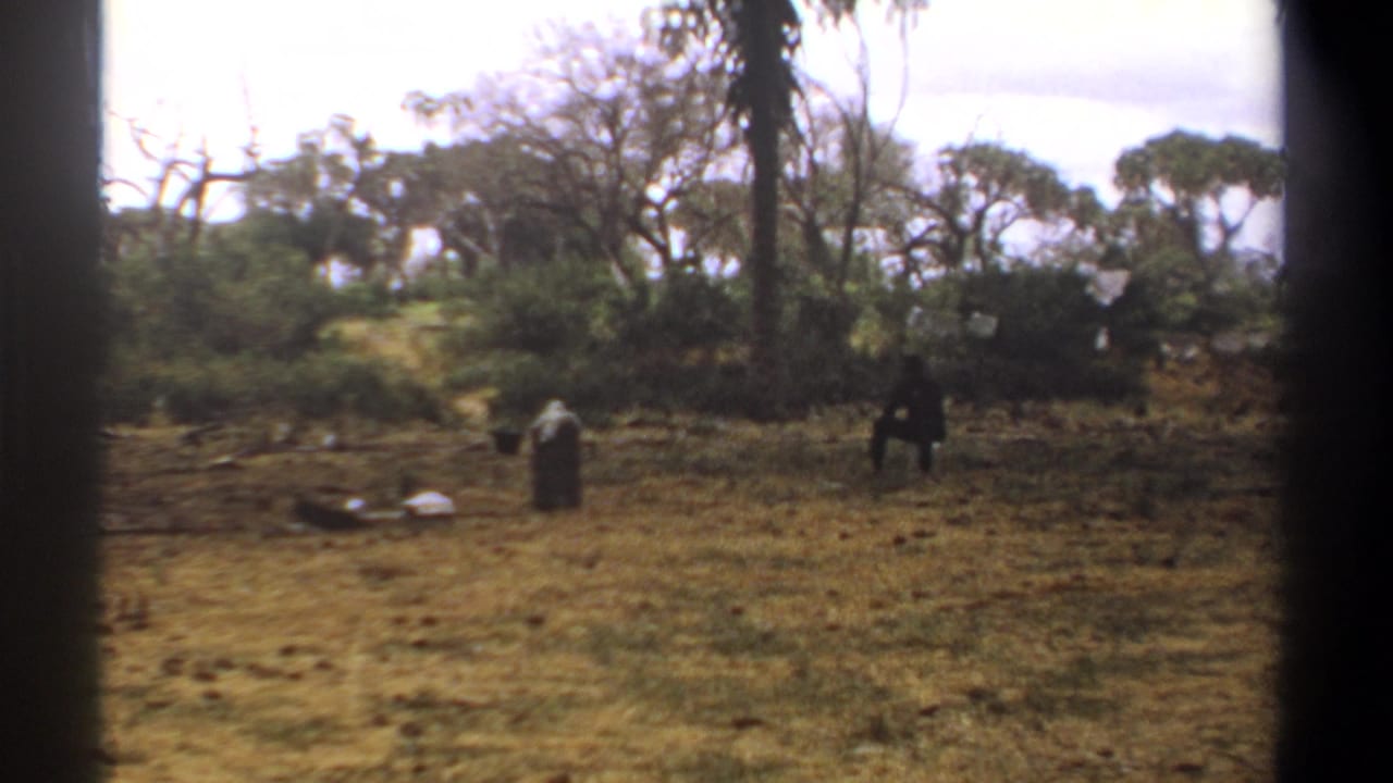Two distant figures stand apart in a dry field with trees and supplies nearby.