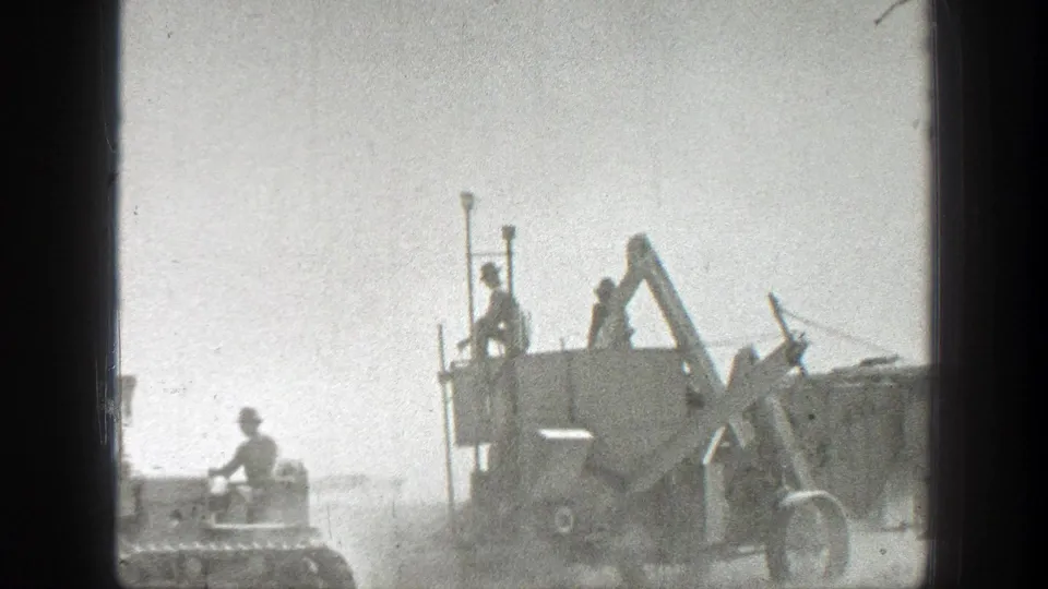 The final frame shows a tractor driver beside a combine with workers on its upper platform in a dusty California harvest scene from 1939.