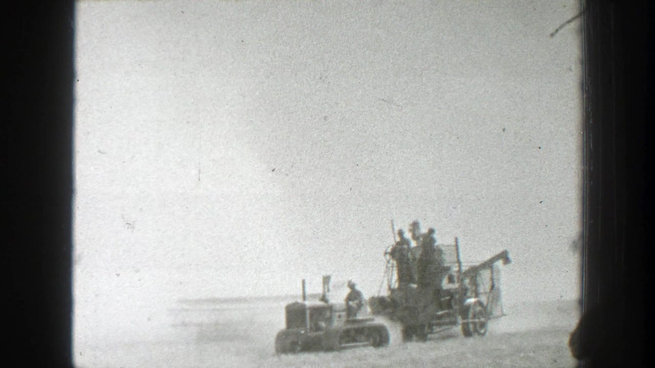 1939 California 8mm frame showing workers on and beside a harvester pulled through a bright dusty field.