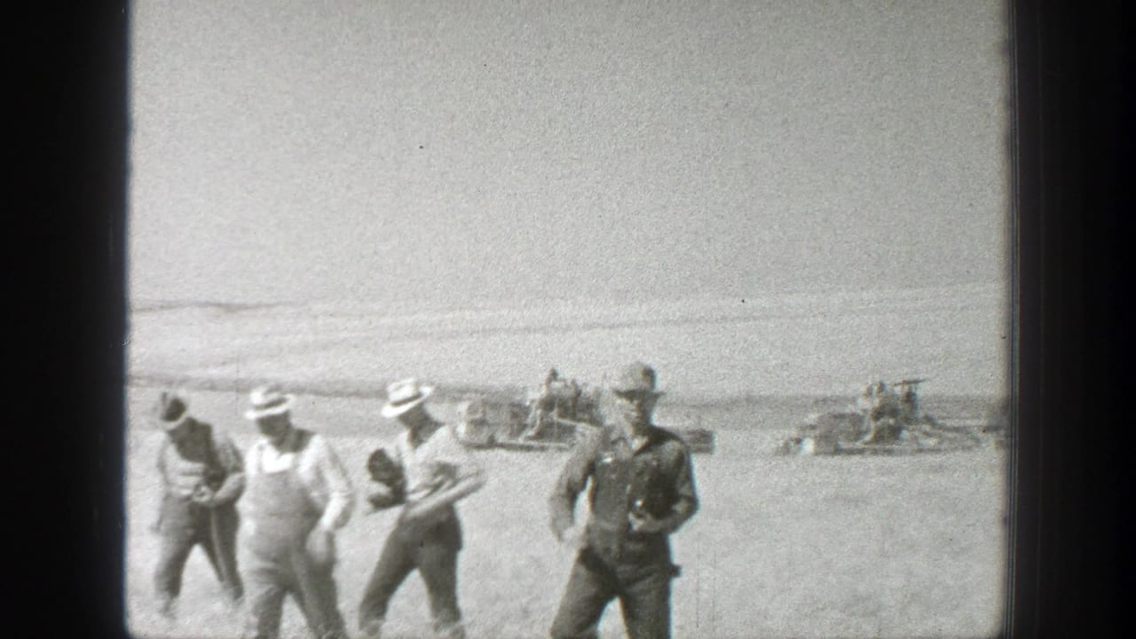 Four adult farm workers walk across an open field with equipment in the distance.