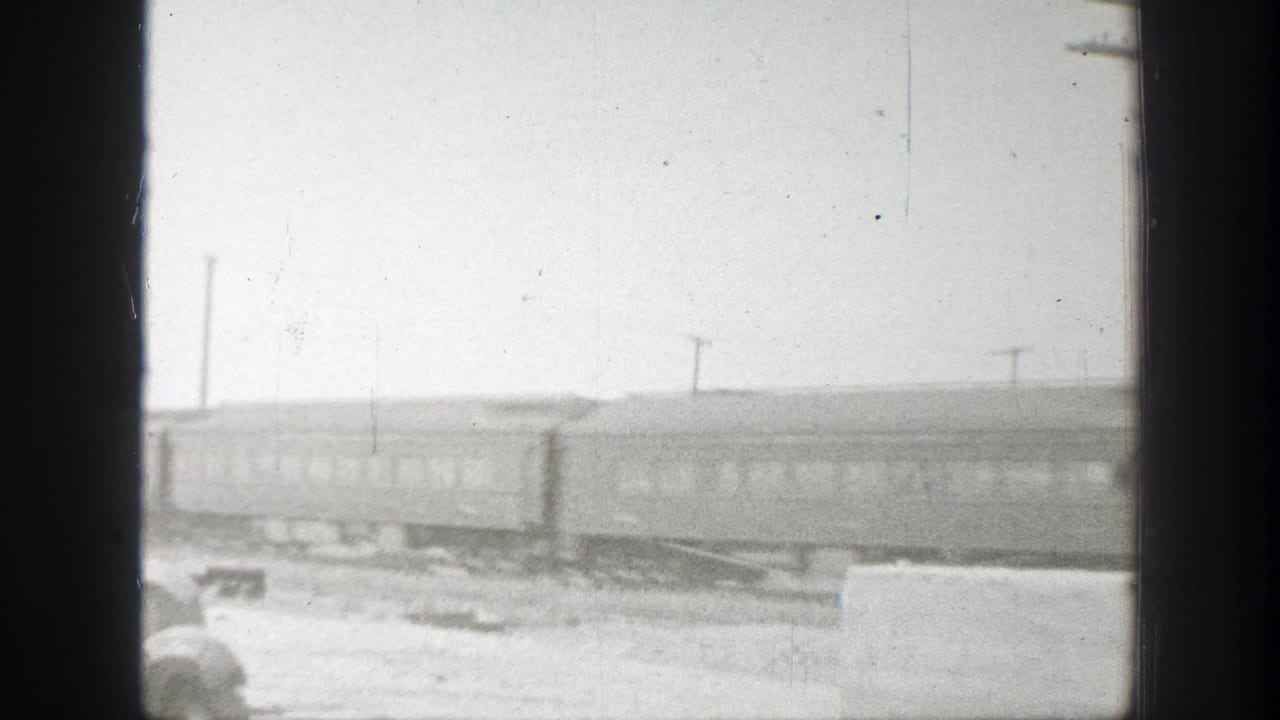 Passenger train cars pass through a rural landscape beside utility poles.