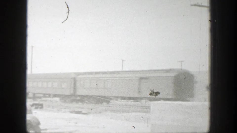 Soft black-and-white 8mm frame showing the rear portion of a passenger train moving through rural California with utility poles nearby.