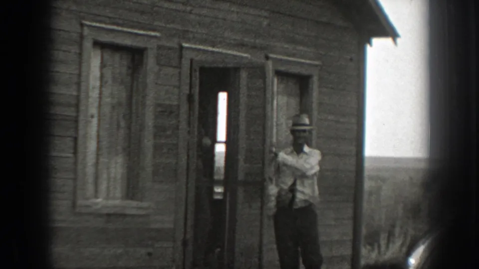 The final frame shows a man holding a long gun beside a wooden farmhouse or outbuilding doorway in rural California, 1939.