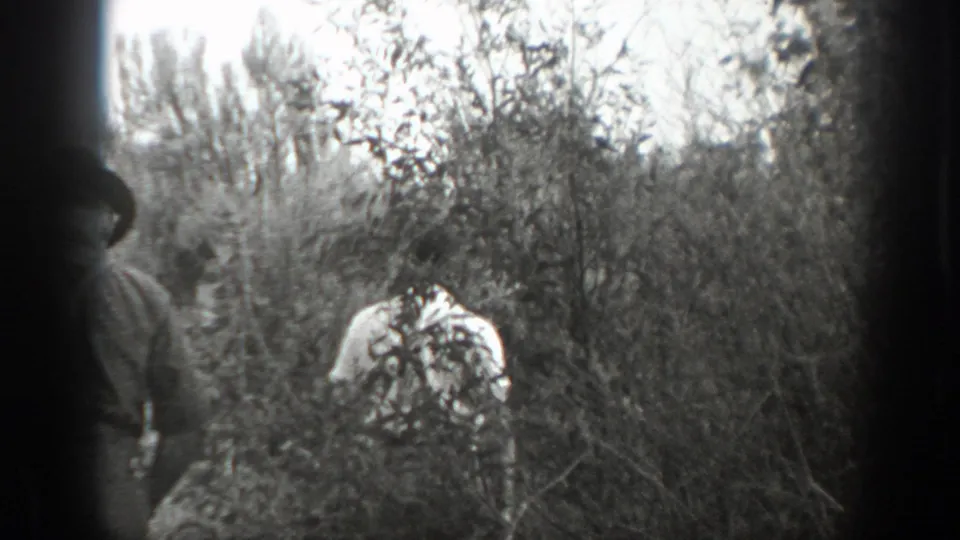 1939 California 8mm frame with a man in a light shirt moving through wooded brush as another figure is partly visible near the frame edge.
