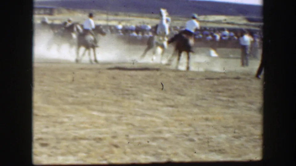 1939 California frame with mounted riders, cattle, dust, and spectators along the edge of an open field.
