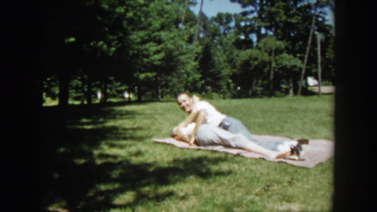 Couple lies together on a blanket in a sunny park.