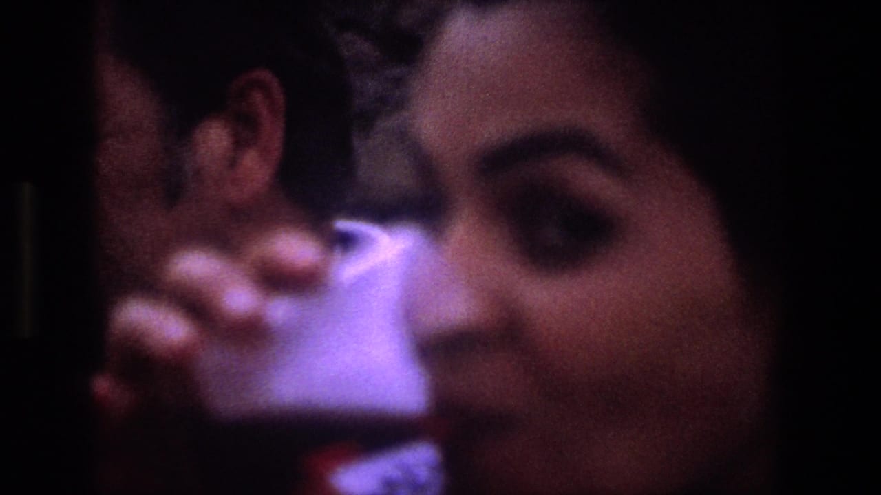 Woman raises a small glass toward the camera while a man sits beside her.