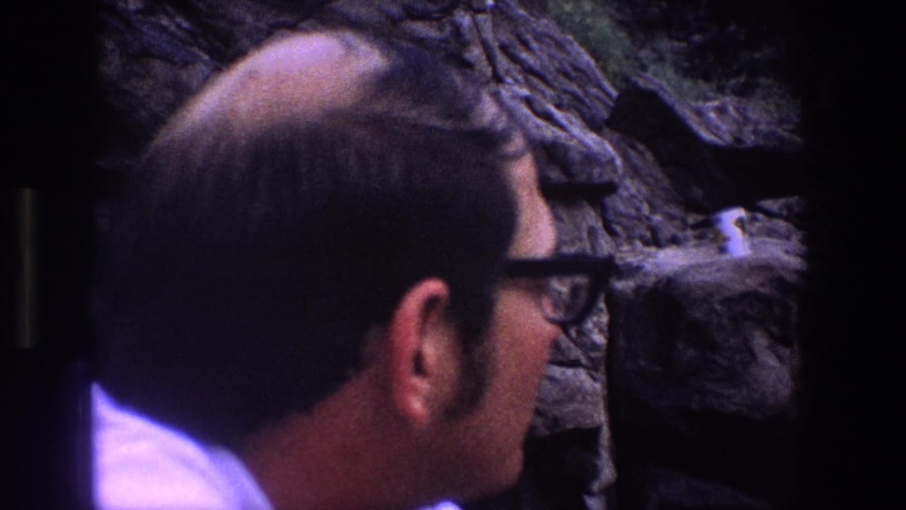 Side view of a man in glasses facing a rocky cliff with a small bird on the rocks.