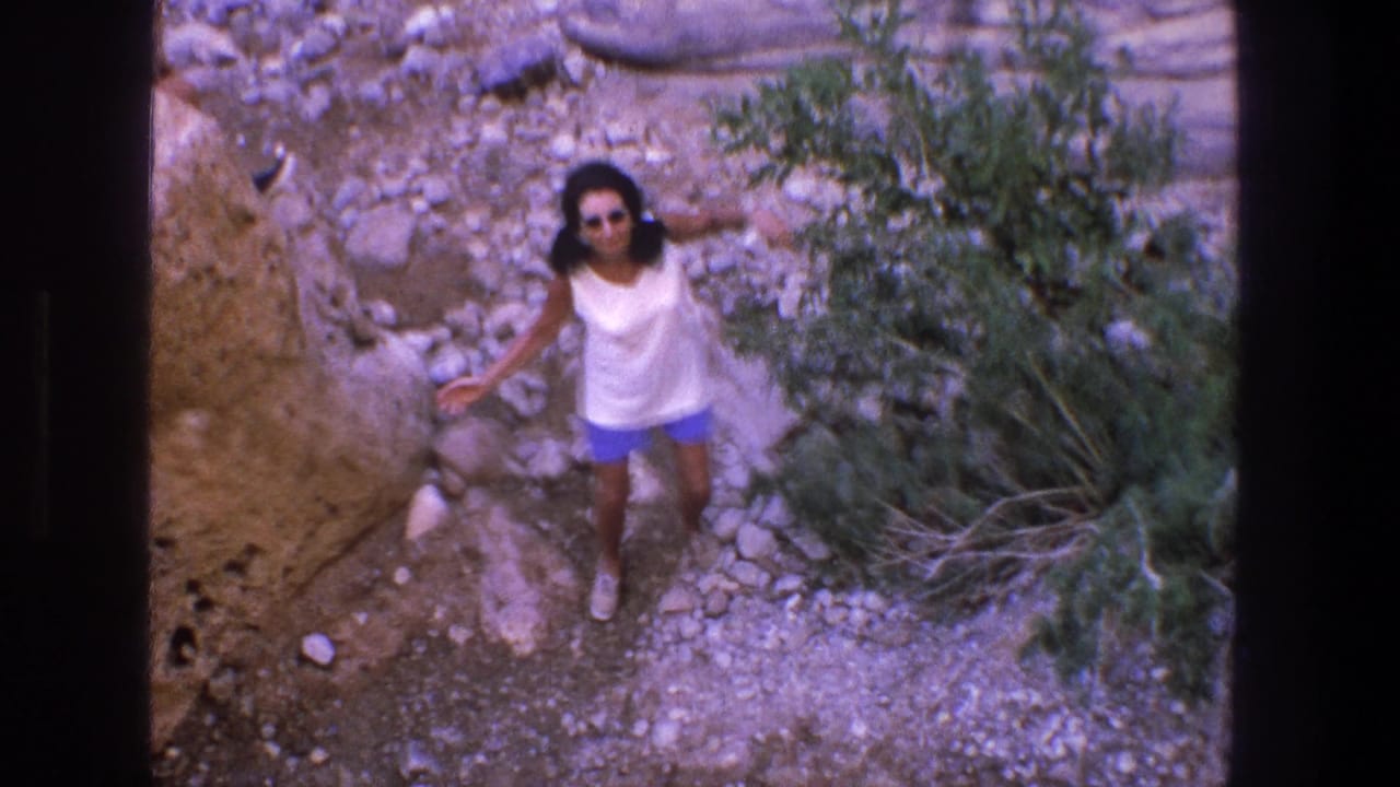 Woman in a white top and blue shorts standing among stones near shrubs.