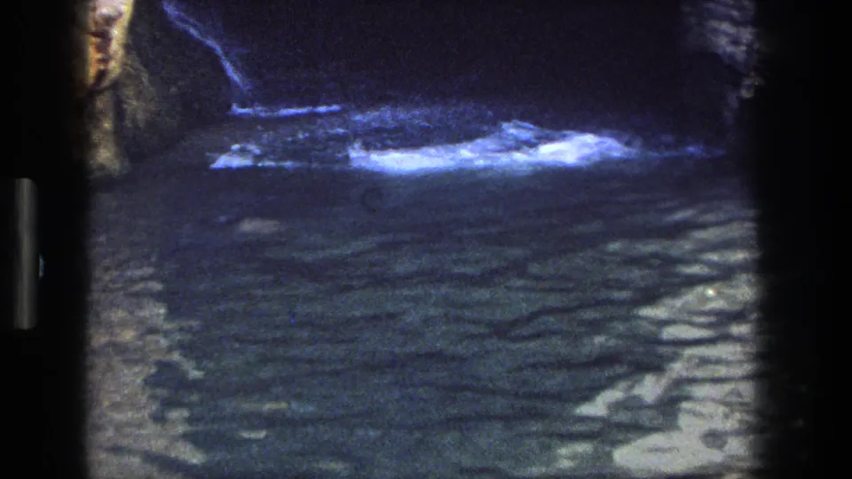 The final frame shows rippling water and splash marks in the shadowed canyon pool after the jump.