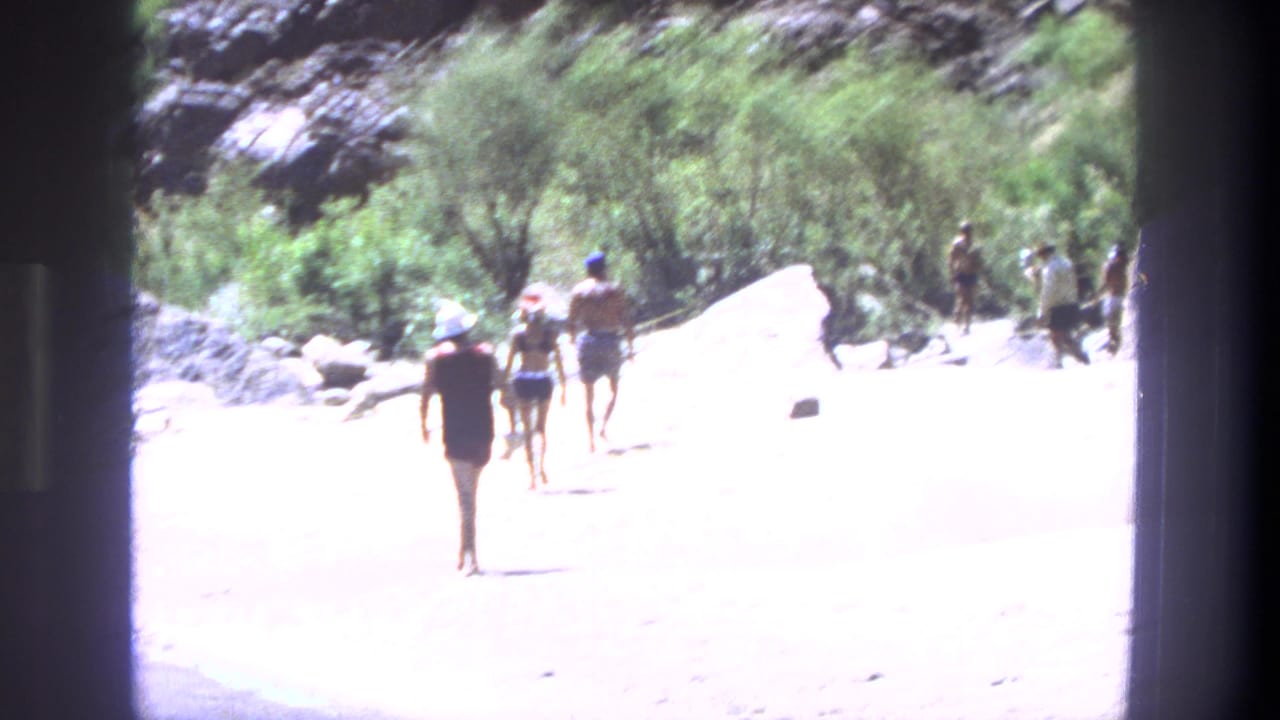 People in swimwear walk across bright tan sand near shrubs and rocks.