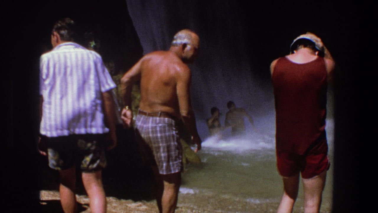 Three adult men walk toward a misty waterfall pool in swimwear.