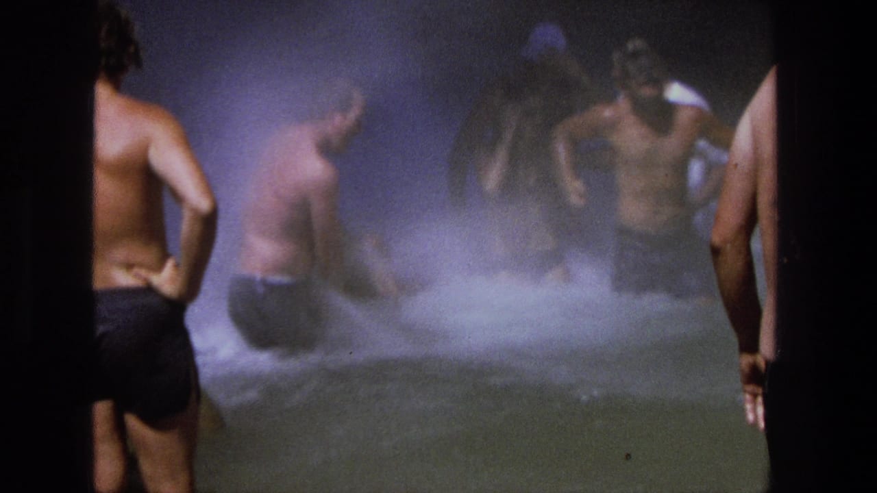 Men wade and stand in misty water at the base of a waterfall.