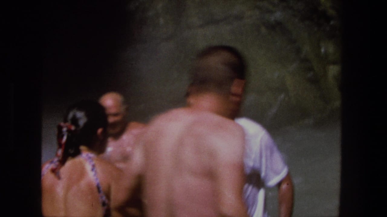 Adults stand in shallow water near waterfall mist, with one man seen from behind.