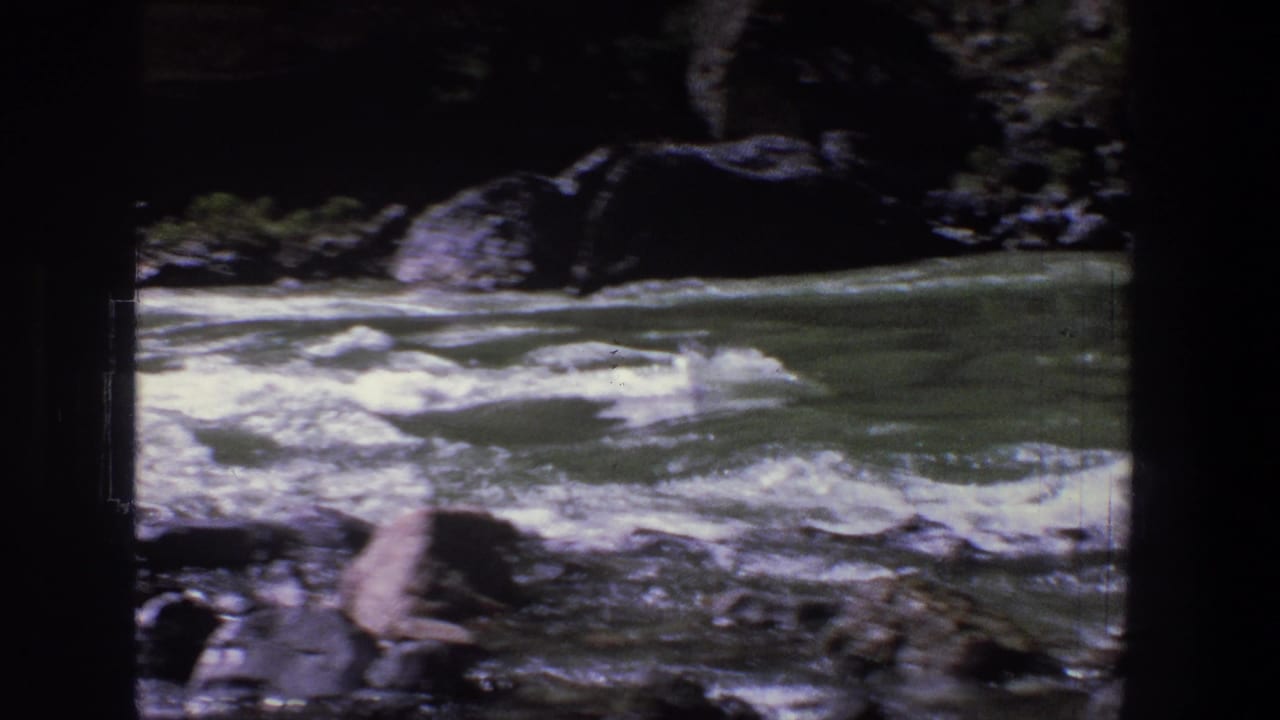 Rushing river water flowing past grey rocks in a shadowed canyon.