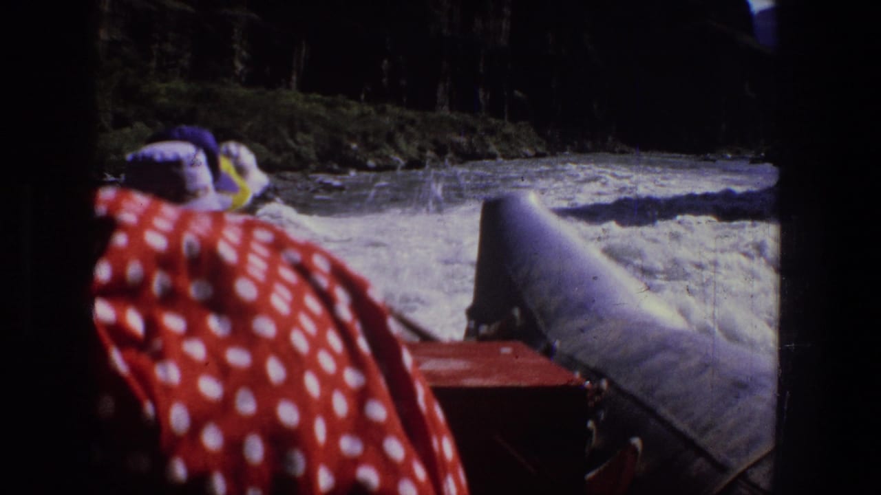From a raft in Utah, a passenger in a red polka-dot shirt faces rough white water along a tree-lined riverbank.