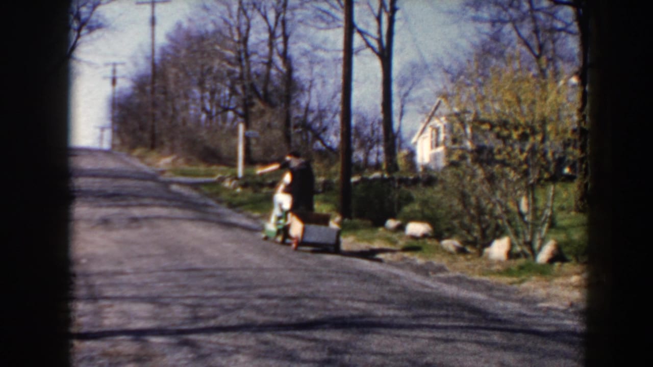 Child on a residential street with a homemade cart near a small house and bare trees.
