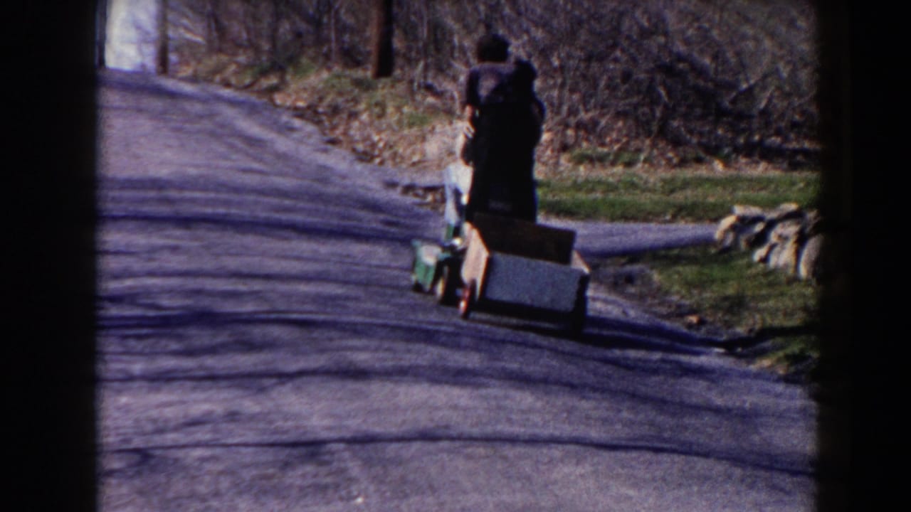 The child walks away from the camera along a Pequot Lakes road in 1964, with the homemade cart beside the grassy shoulder.