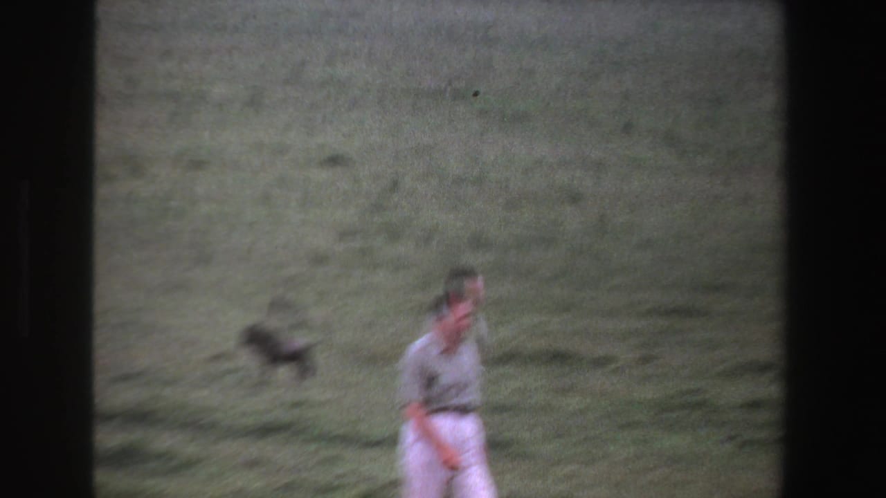 Man walking across a grassy field with a dark animal shape in the background.