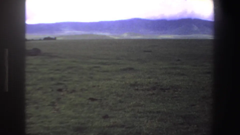 1969 South Africa 8mm aerial view over open green prairie with distant mountain silhouettes and dark film edges.