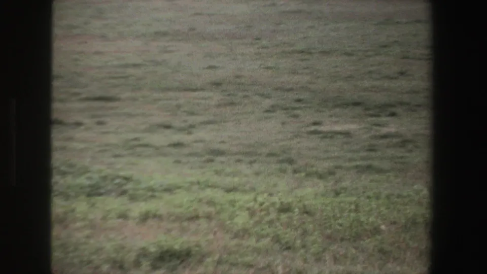 A wide grassy field in South Africa appears beyond dark window-like foreground bars in faded 8mm color.