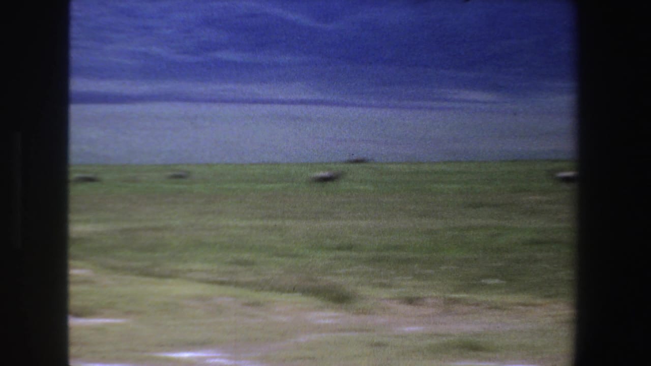 1969 South Africa 8mm frame of savanna grassland with small distant antelopes and a wide sky during a rightward pan.
