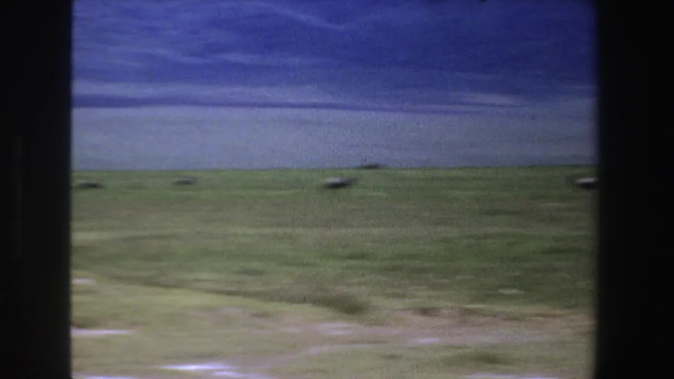 1969 South Africa 8mm frame of savanna grassland with small distant antelopes and a wide sky during a rightward pan.