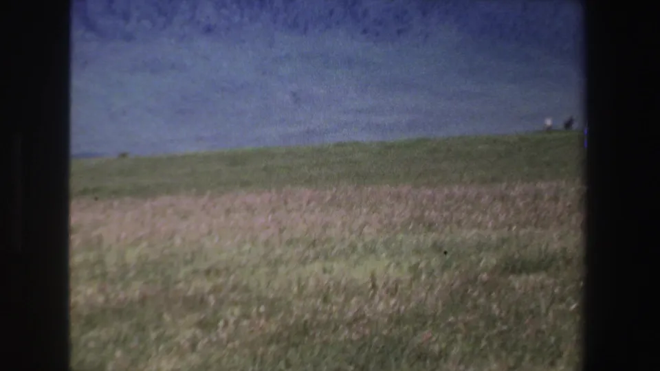1969 South Africa 8mm frame of open grassland with small antelopes scattered near the horizon beneath a shadowed hillside.
