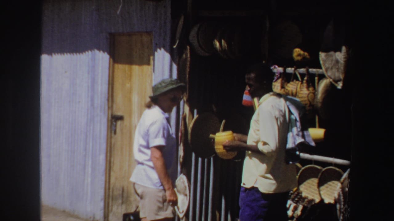 Woman in hat stands beside a market stall while a vendor holds a yellow vessel.