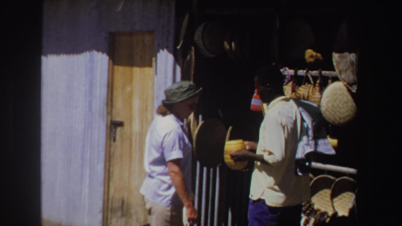 Woman and vendor face each other at a shaded stall with woven goods on display.